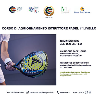 Valtidone:,13 Marzo 2022: Corso di aggiornamento Padel per Istruttori